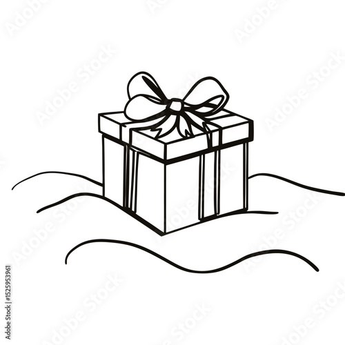 Illustration of a gift box with a bow placed on wavy lines in a simple black and white drawing