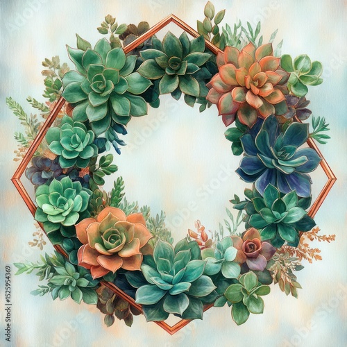 A circular arrangement of vibrant succulent plants in various green and reddish hues creating a lush wreath with a geometric copper frame background