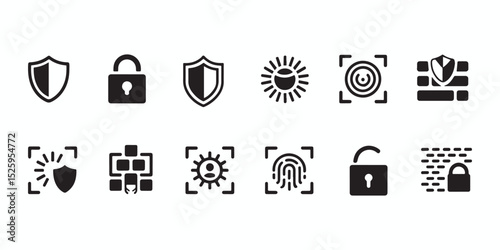 Secure your data with these essential digital security icons shields locks and fingerprints for website or app design.