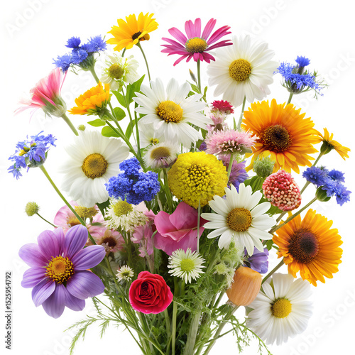 A wide variety of beautiful, fresh wildflowers isolated on a transparant background. design illustration