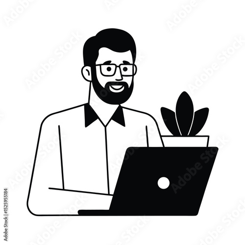 Man working on laptop with small plant