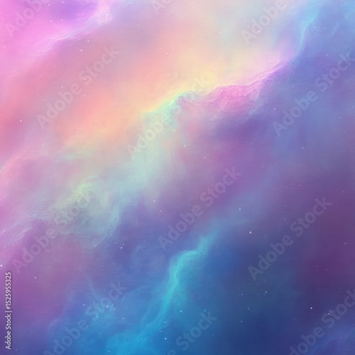 Colorful cosmic nebula with swirling pastel clouds and scattered tiny stars creating a dreamy and peaceful outer space scene
