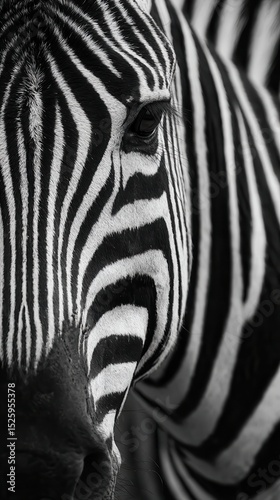 Close-up of a zebra showcasing its unique black and white stripes.