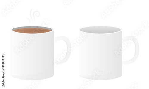 Two white mugs, one filled with hot drink and the other empty