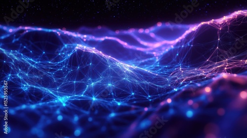 Abstract digital landscape of interconnected glowing blue and pink points forming a network mesh with a sense of depth and complexity