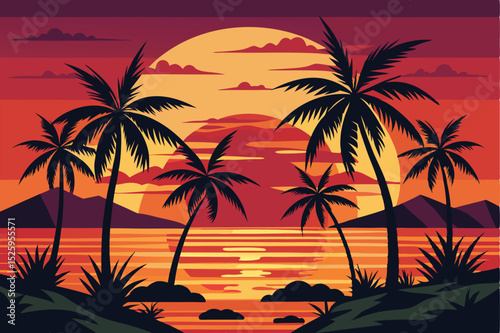 Sunset Paradise Tropical Beach Silhouette with Palm Trees and Ocean View