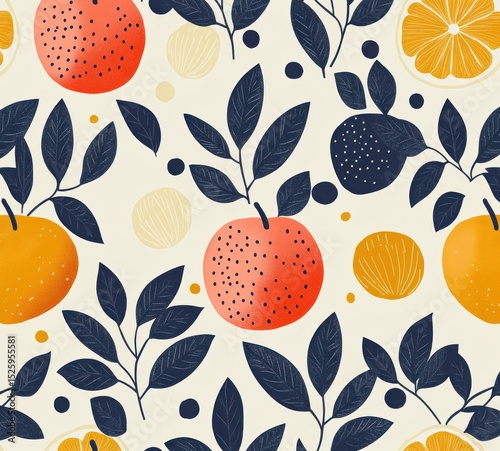 Seamless pattern of stylized citrus fruits and leafy branches with bright oranges, red-orange fruits, dark navy blue leaves, and yellow round shapes on cream background
