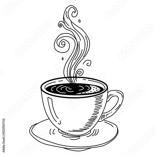 Vintage-style hand-drawn coffee cup with swirling steam. Ideal for cafe branding, retro menu design, or artisanal coffee label with an elegant monochrome look