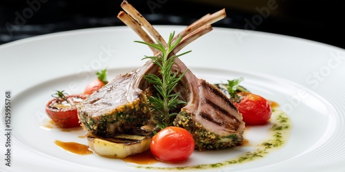 Herb-crusted rack of lamb with grilled vegetables and cherry tomatoes