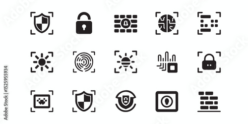 Collection of twelve cybersecurity icons featuring biometric fingerprint, shield, sun, firewall, and brain symbols for digital security.