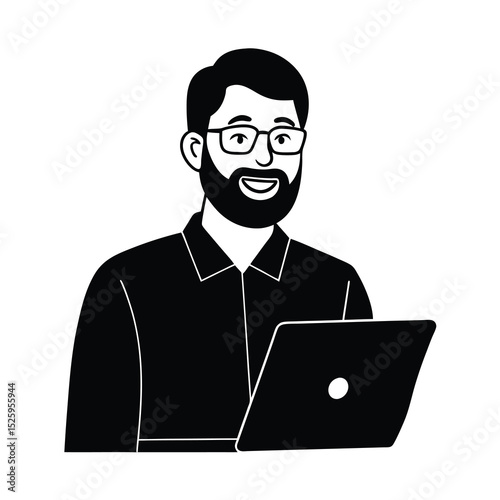 Man with laptop smiling in black and white