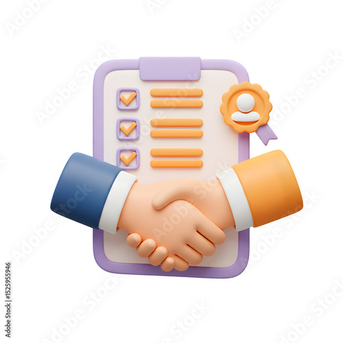 Handshake and Onboarding Checklist 3D Icon – Corporate Agreement and Team Welcome Concept, Isolated on White or Transparent Background