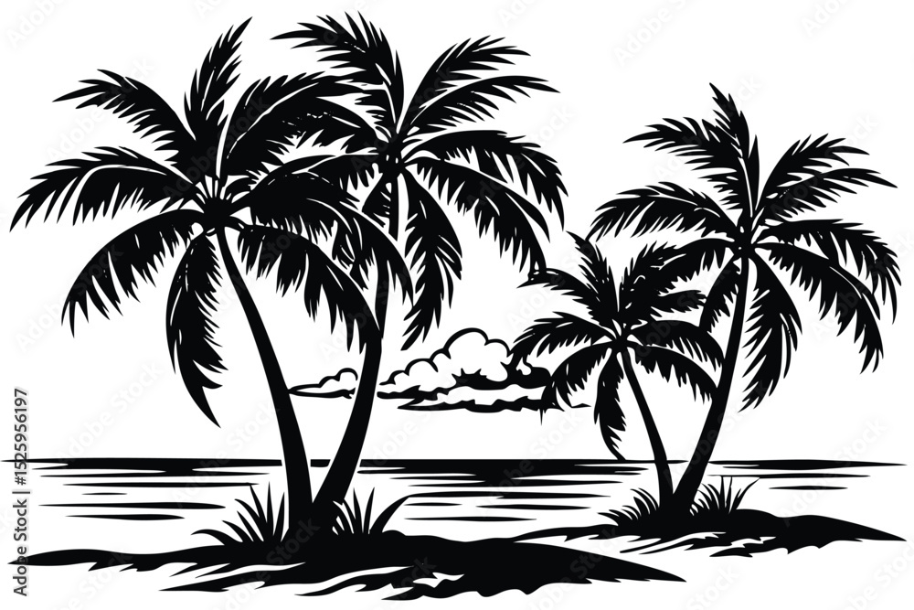 Fototapeta premium Tropical Paradise Silhouette Palm Trees on a Tranquil Beach