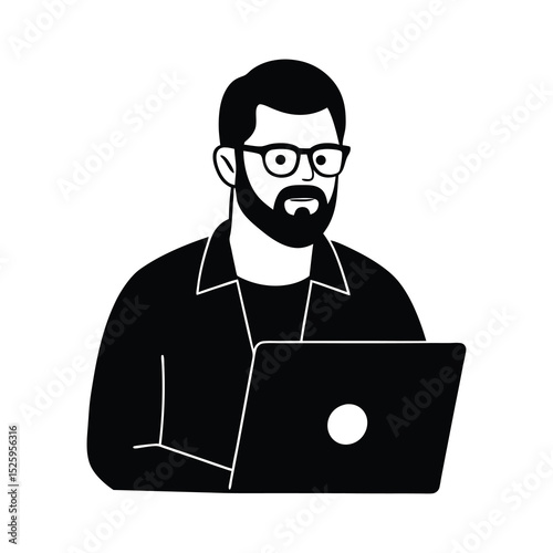 Man with Laptop Black and White Illustration