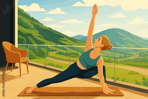 A woman is practicing yoga on a balcony with a scenic mountain view. She is performing a side-angle pose on a yoga mat, wearing a teal sports bra and navy leggings. The setting is peaceful