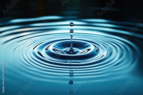 Close-up of clear water droplets falling and creating ripples on a calm blue water surface with smooth circular waves