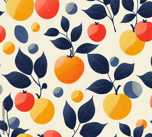 Seamless pattern of stylized citrus fruits and dark blue leaves with scattered abstract round shapes on cream background