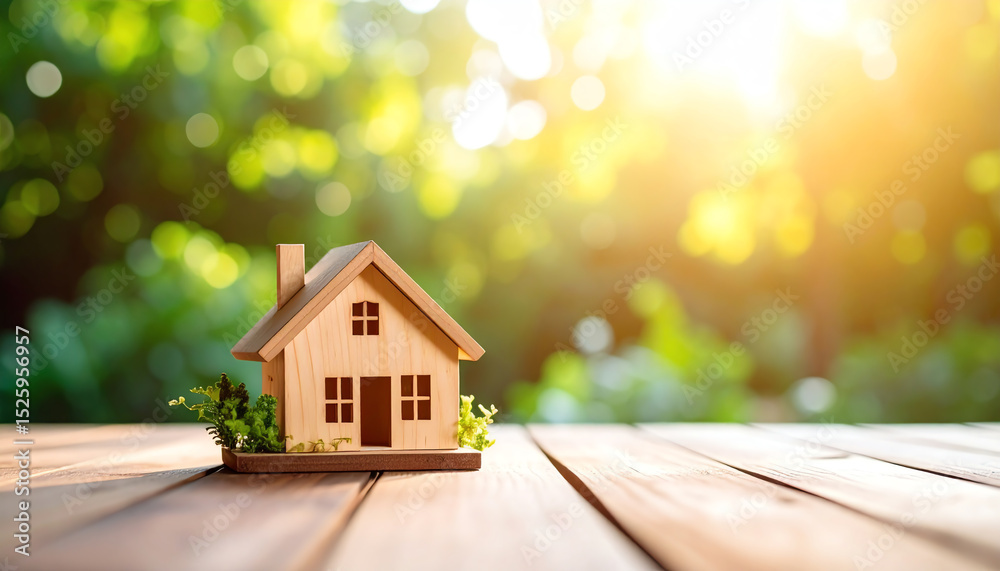 A small wooden house model sits on a wooden table, surrounded by greenery, with sunlight streaming in, creating a warm and inviting atmosphere A small wooden house model sits on a wooden table, surrounded by greenery, with sunlight streaming in, creating a warm and inviting atmosphere