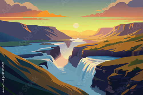 Majestic Sunset over the Grand Waterfall A Breathtaking Landscape Illustration