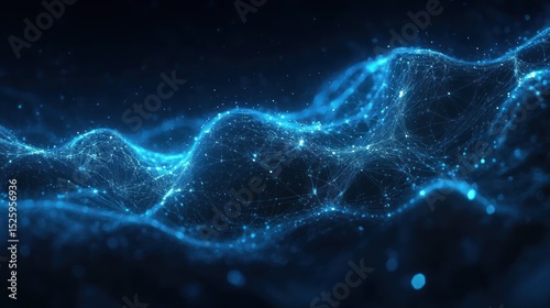 Abstract wave-like network of interconnected blue glowing points and lines on dark background creating a futuristic and digital atmosphere