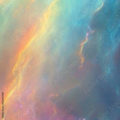 Vivid cosmic nebula with swirling clouds of colorful gases in shades of blue, orange, yellow, and purple with scattered stars emitting a sense of vastness and mystery