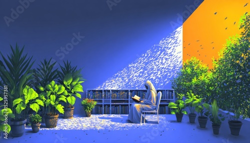 A serene figure engrossed in reading in a vibrant indoor garden bathed in soft light