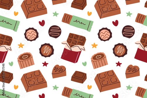 Seamless flat cartoon vector pattern with chocolate candies, bars and wrapped sweets in decorative shapes and glaze. Tasty dessert background for holidays, packaging, celebration, cozy festive design