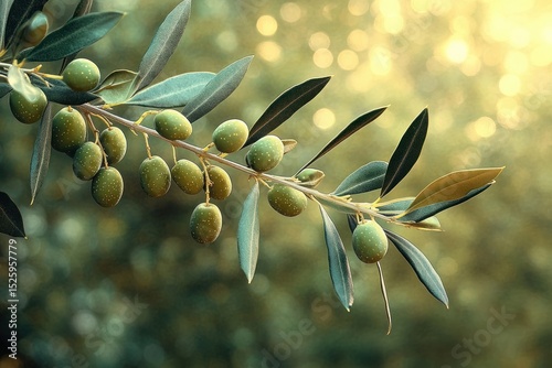 Close-up of a branch with green olives and elongated leaves against a softly blurred background with warm golden light