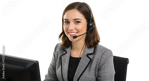 Professional Customer Service: Smiling Woman in Headset and Blazer isolated on transparent background Generative Ai PNG  Call Center Representative: Friendly Agent at Work Desk 