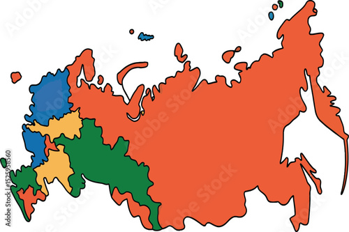 Colorful stylized map of Russia showing regional divisions geographic illustration