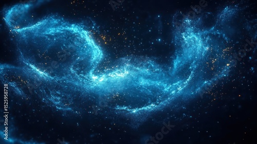 Swirling cosmic blue nebula with glowing particles and star-like specks against a dark background creating a mystical and vast space scene