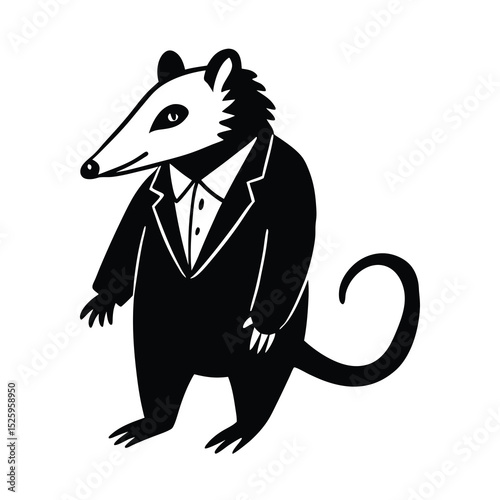 Opossum in a tuxedo black and white illustration