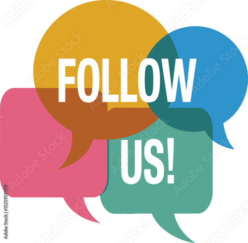 Colorful speech bubbles announce follow us online social media marketing campaign promotion