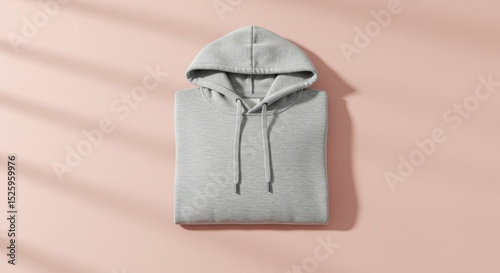A clean, grey folded hoodie lies flat on a soft pink background, bathed in natural light with subtle shadows. This minimalist, top-down shot offers a perfect apparel mockup opportunity for fashion, co