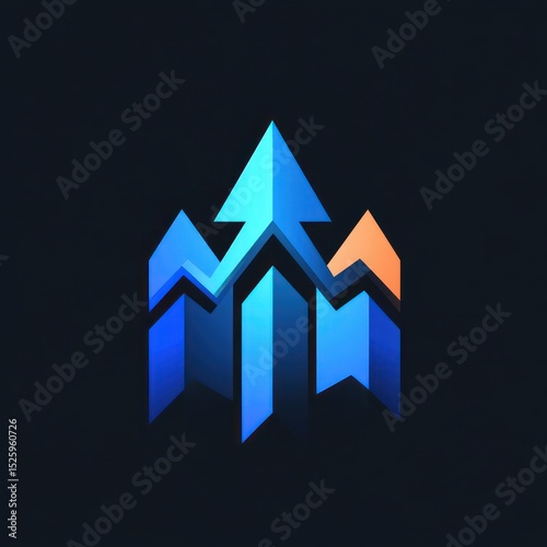 Three stylized arrows pointing upward in a gradient of blue shades with one arrow in orange, symbolizing growth and progress on a dark background