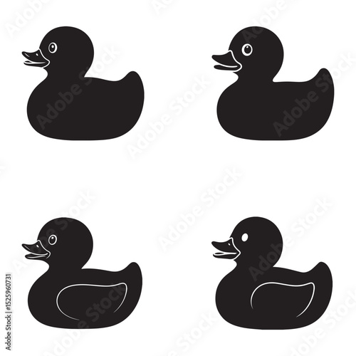 Black Rubber Duck Silhouettes: Playful Bath Toy and Childhood Fun Icons


