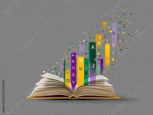 Open book with colorful text and confetti