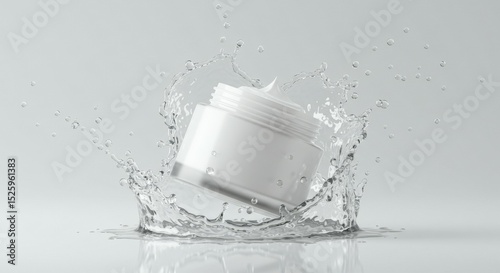 A white cosmetic jar surrounded by a dynamic water splash on white. Captures freshness, hydration, and purity, perfect for skincare and beauty advertising, health, wellness, and natural product concep