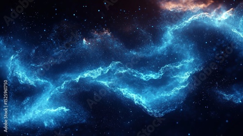 Vibrant blue cosmic nebula glowing with swirling clouds of gas and dust against a dark space background, evoking a sense of awe and mystery