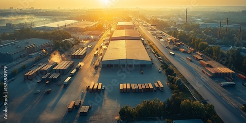 Aerial view of a large industrial complex at sunrise with storage and transport