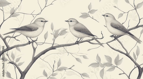 Three small birds perched on delicate tree branches with leaves, rendered in a detailed monochrome sketch style, conveying calm and natural tranquility