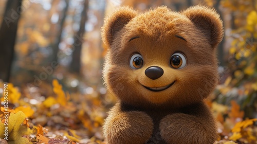 Cute cartoon bear in autumn leaves