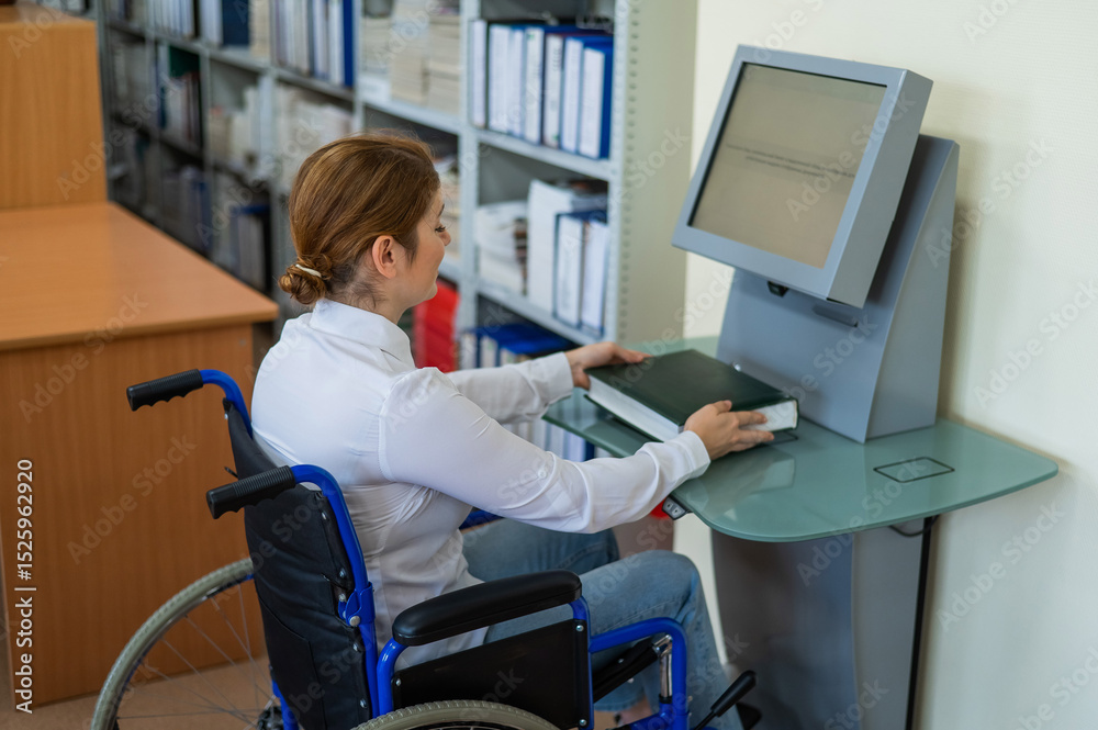 Obraz premium A woman in a wheelchair in the library. Special electronic catalog. 