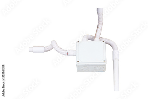 Box small plastic wiring with pipe white isolated on cutout PNG or transparent background. Cables on wires are secured with plastic ties. Conducting wiring. Electrical installation works safety.