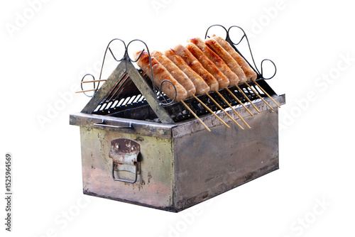 Sausages are cooked golden brown and crispy on square grill over hot charcoal. Thai traditional style, Sai krok isan, pork and rice street food. isolated on cut out PNG or transparent background.