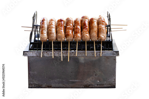 Front of Sausages are cooked golden brown crispy on square grill over hot charcoal. Thai traditional style, Sai krok isan, pork and rice street food. Isolated on cut out PNG or transparent background.