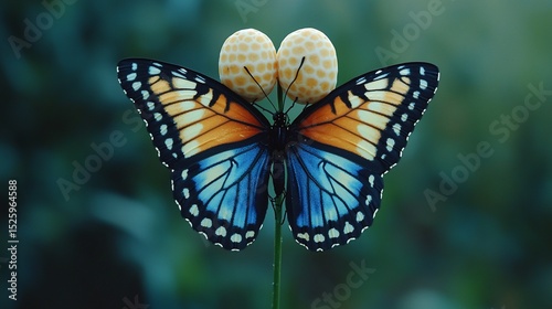 Vibrant butterfly with orange and blue wings perched atop a unique, textured plant