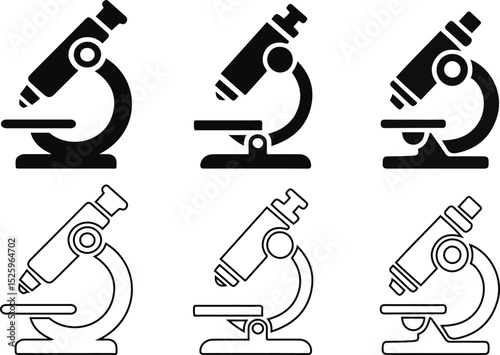Microscope Icon Set – Scientific Research Equipment and Outline Vector.