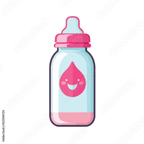 A flat vector icon of a baby bottle with pink cap