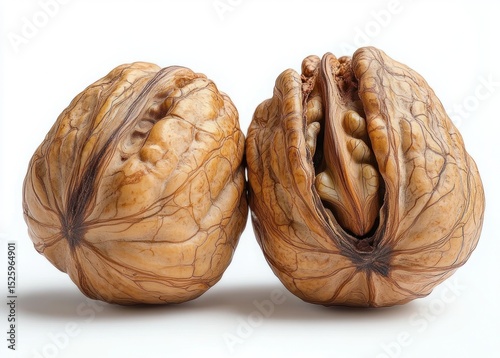 Close-up of two large walnuts with textured shells on a light surface, one nut partially open showing the inner kernels